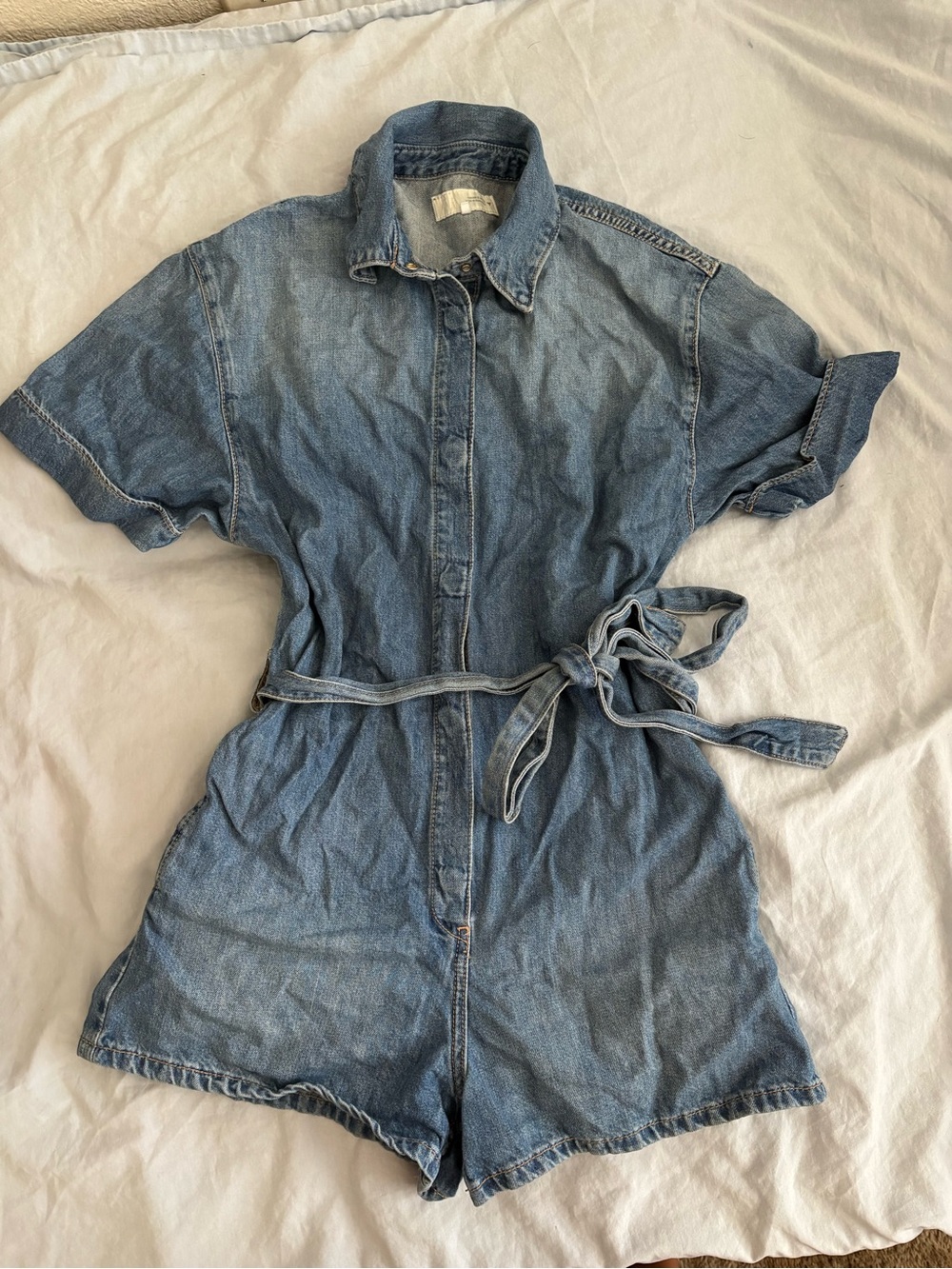 Zara Denim Tie-Waist Romper Shorts - Blue